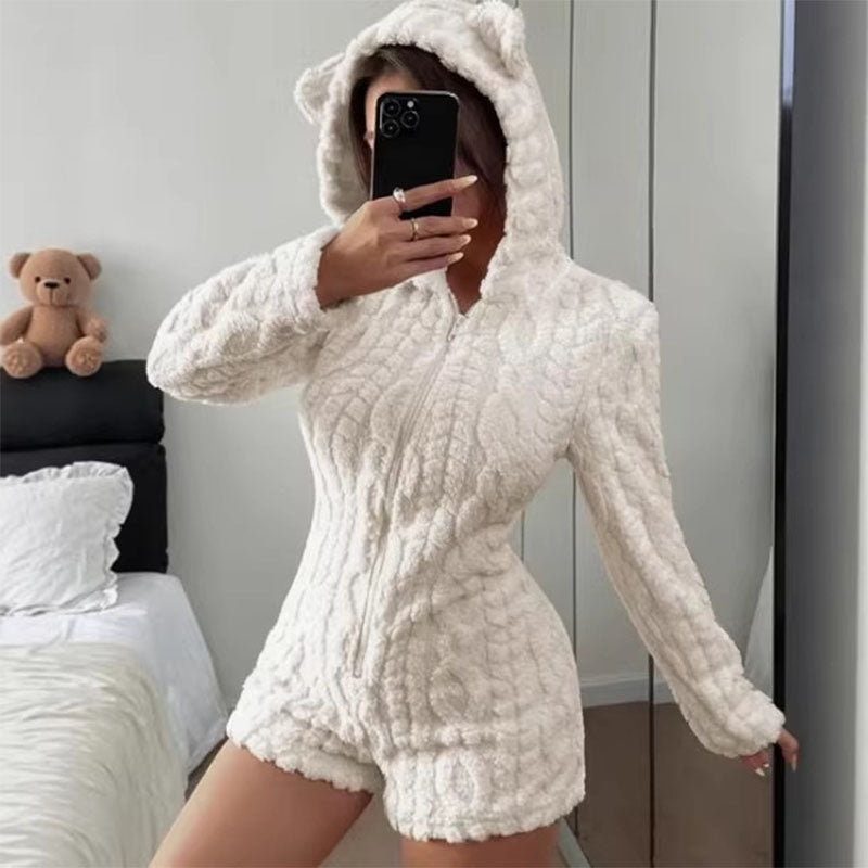 Cute bear pattern plush romper loungewear