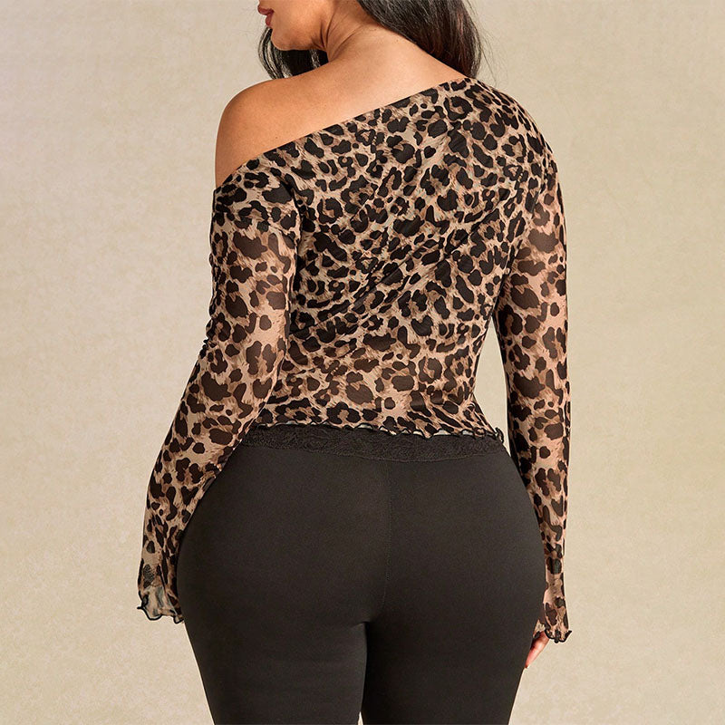 Plus-size leopard print one-shoulder drawstring top