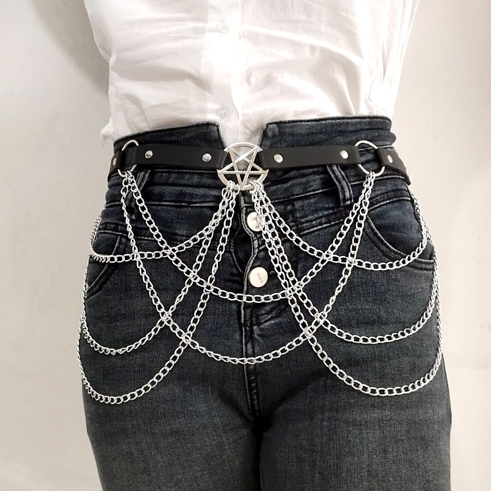 Rock-style multi-layered chain five-pointed star belt