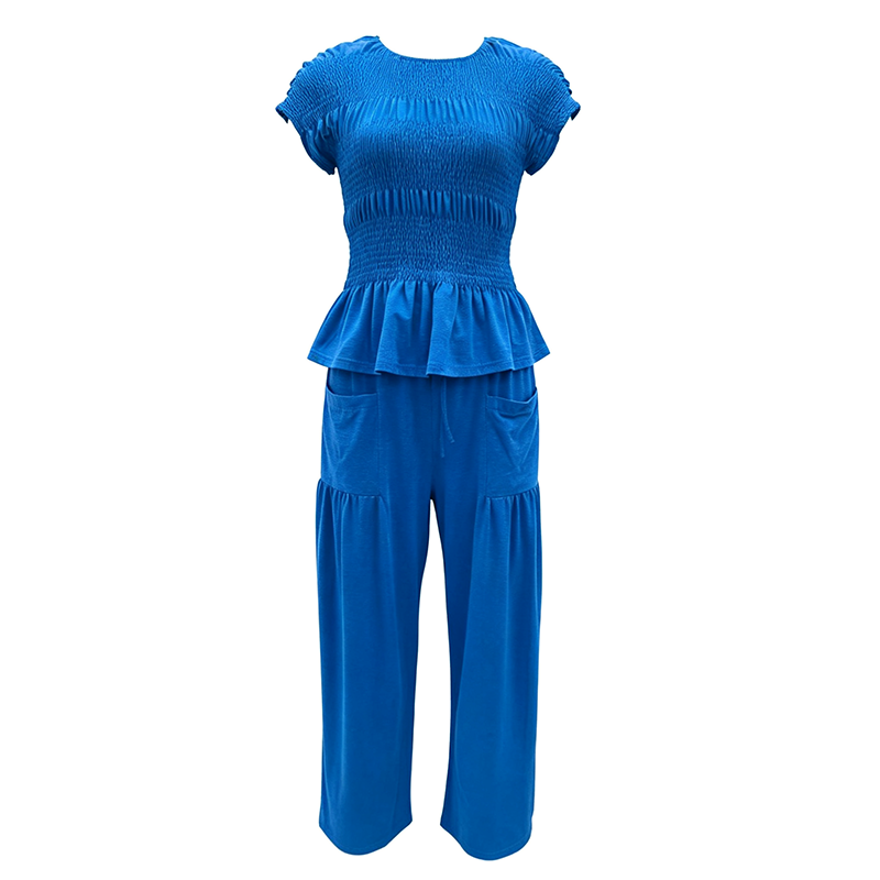 Pleated Ruffle Top and Wide-Leg Pants Set
