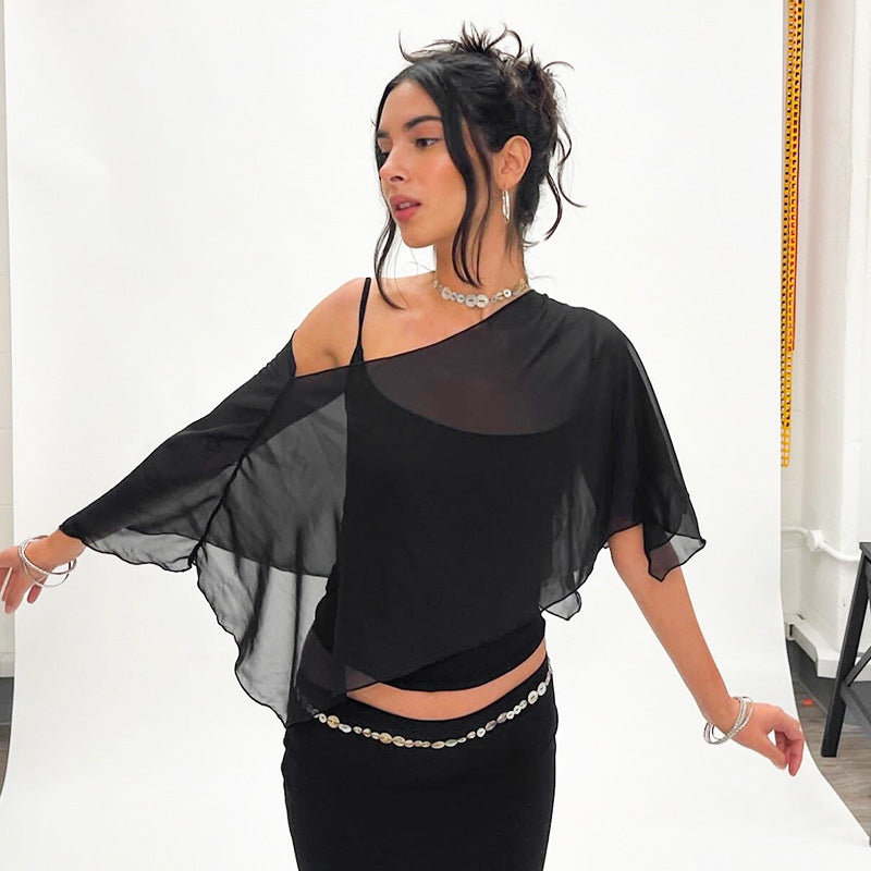 Layered shawl cover-up and short tank top two-piece set