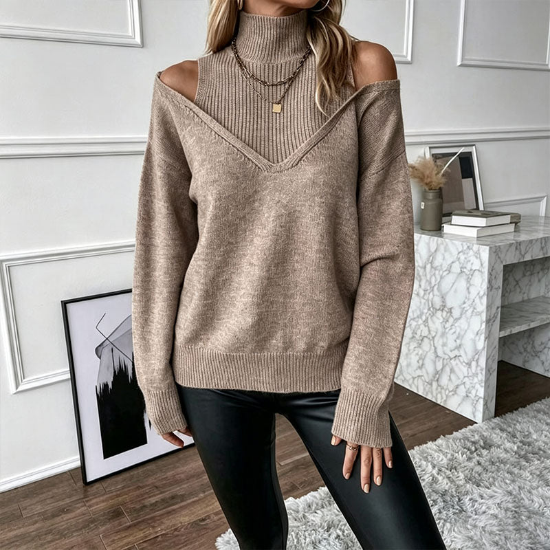Mock-neck off-the-shoulder long-sleeve sweater