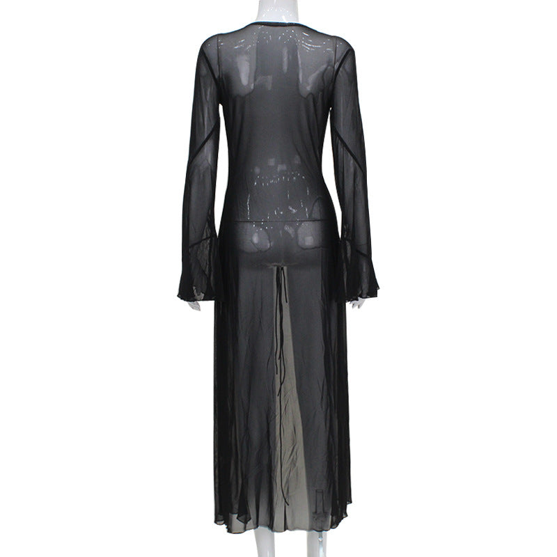 Long sheer ruffled cardigan-style dress