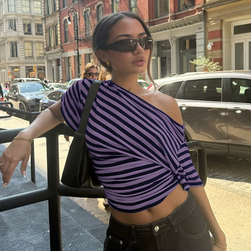 One-shoulder striped cropped top