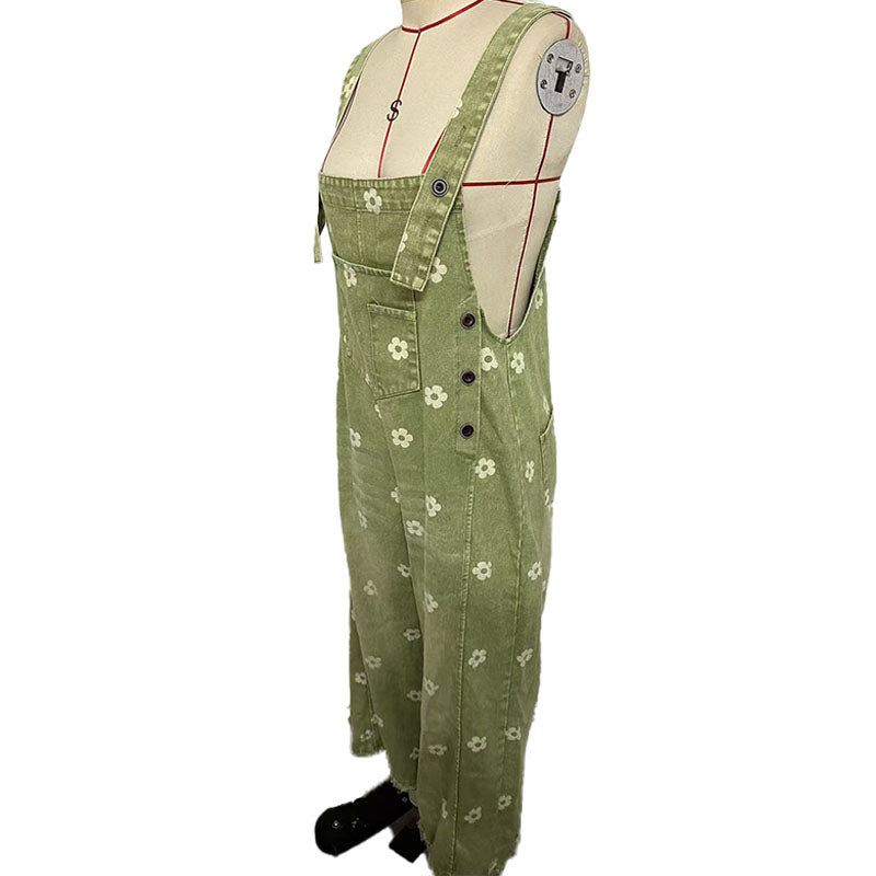 Floral denim wide-leg overalls