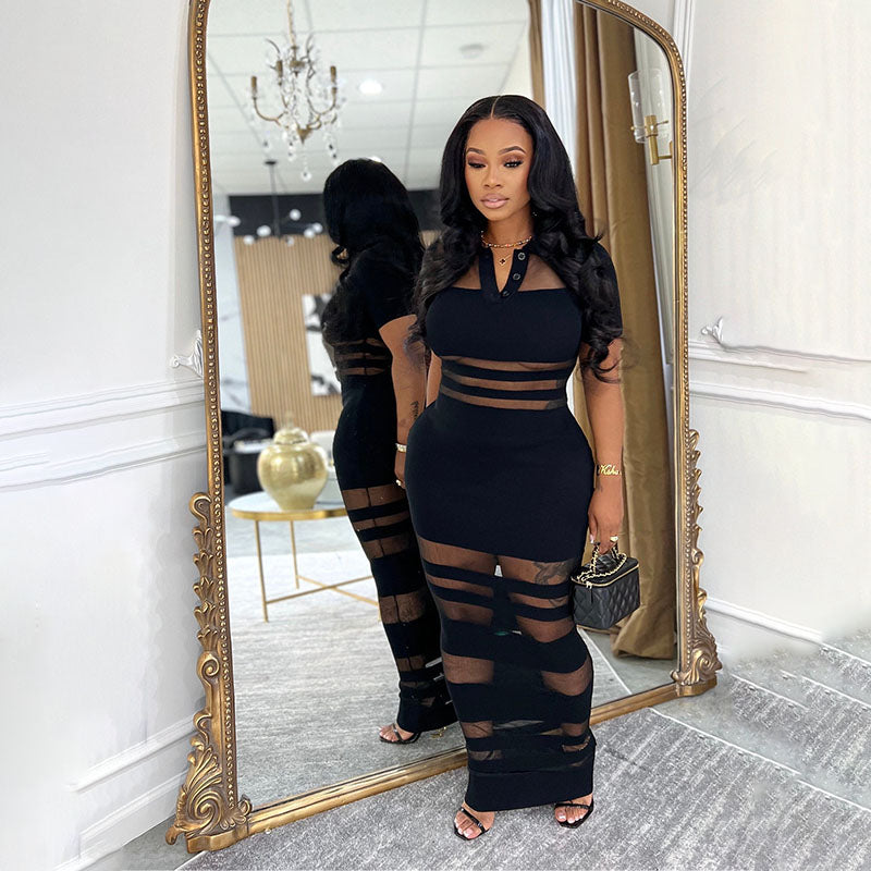 Striped Mesh Cutout Slim-Fit Maxi Dress