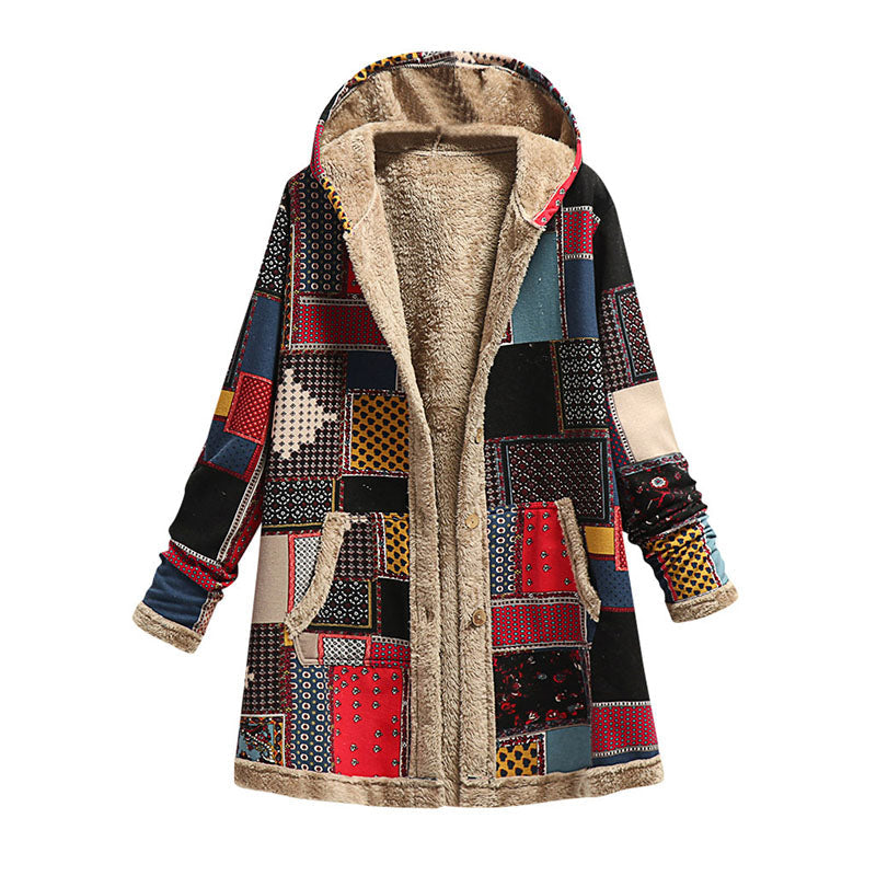 Retro patchwork plush hooded jacket