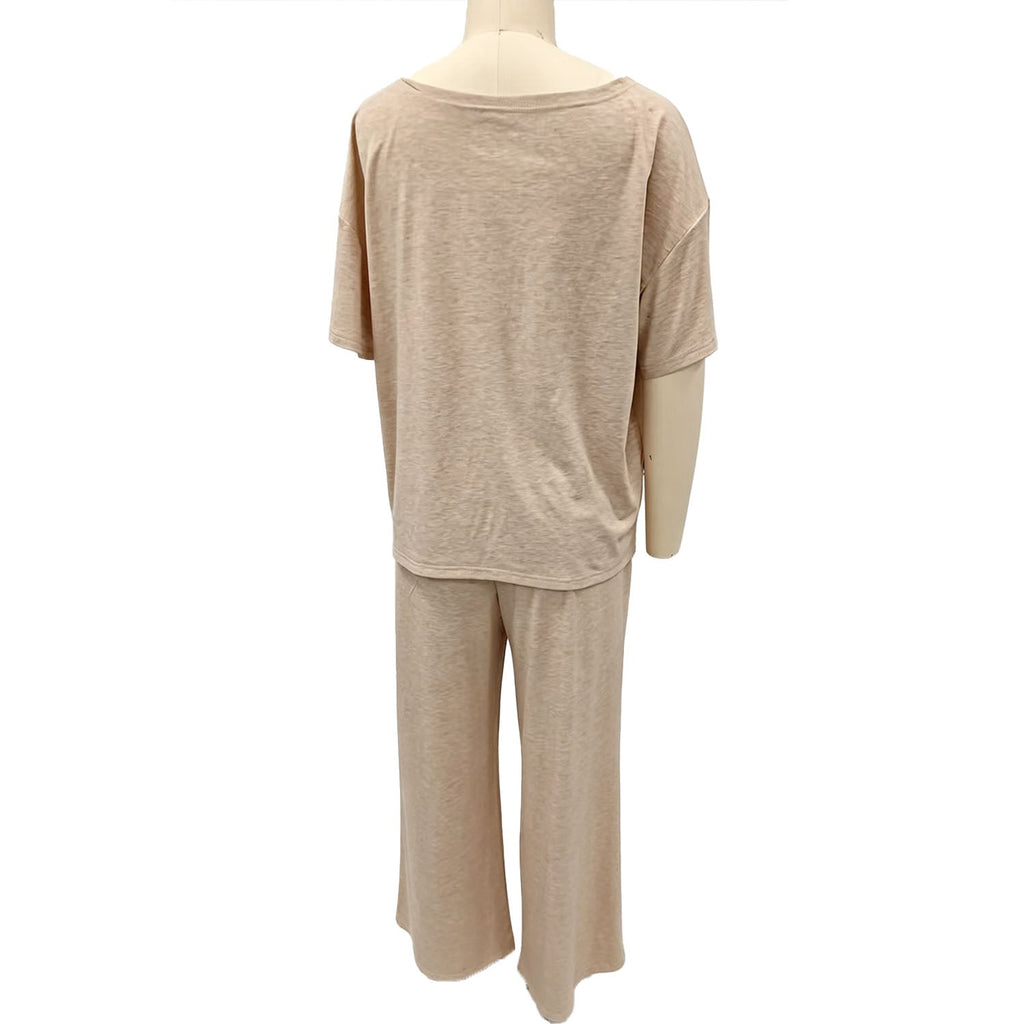 Off-shoulder short-sleeve top and wide-leg trousers set