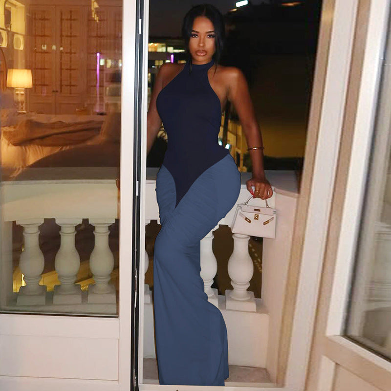Backless fishtail color-blocked fitted dress