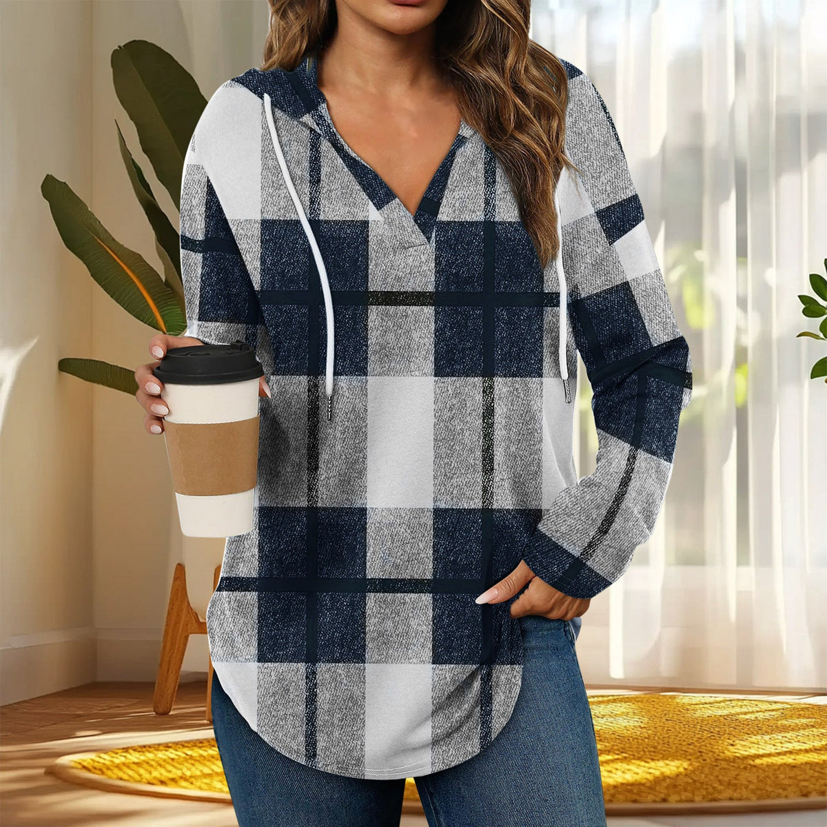 Casual Plaid Long-Sleeve Hoodie