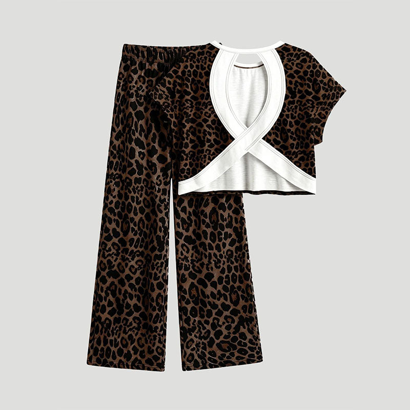 Leopard-print short-sleeved cutout top and trousers casual loungewear set