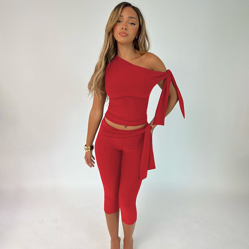 One-shoulder tie-strap top and cropped trousers set