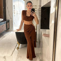 Stacked collar cropped top and draped flared pants suit