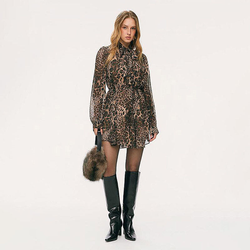 Leopard-print long-sleeve tie-waist dress