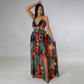 Deep V-neck backless high slit tropical print dress