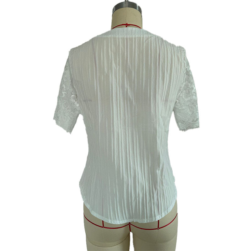 Short-sleeve V-neck shirt with lace splicing