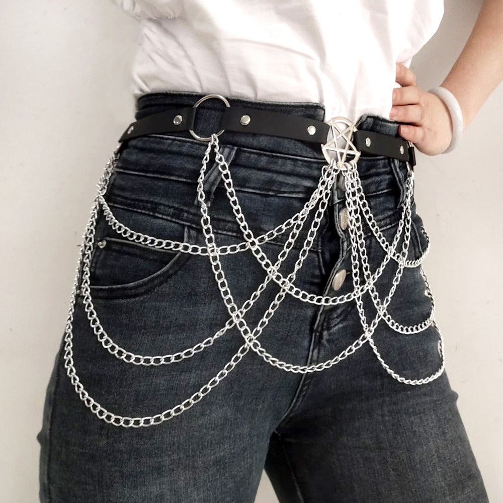 Rock-style multi-layered chain five-pointed star belt