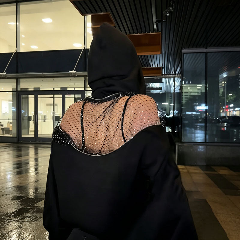 Open-back cutout mesh casual hoodie