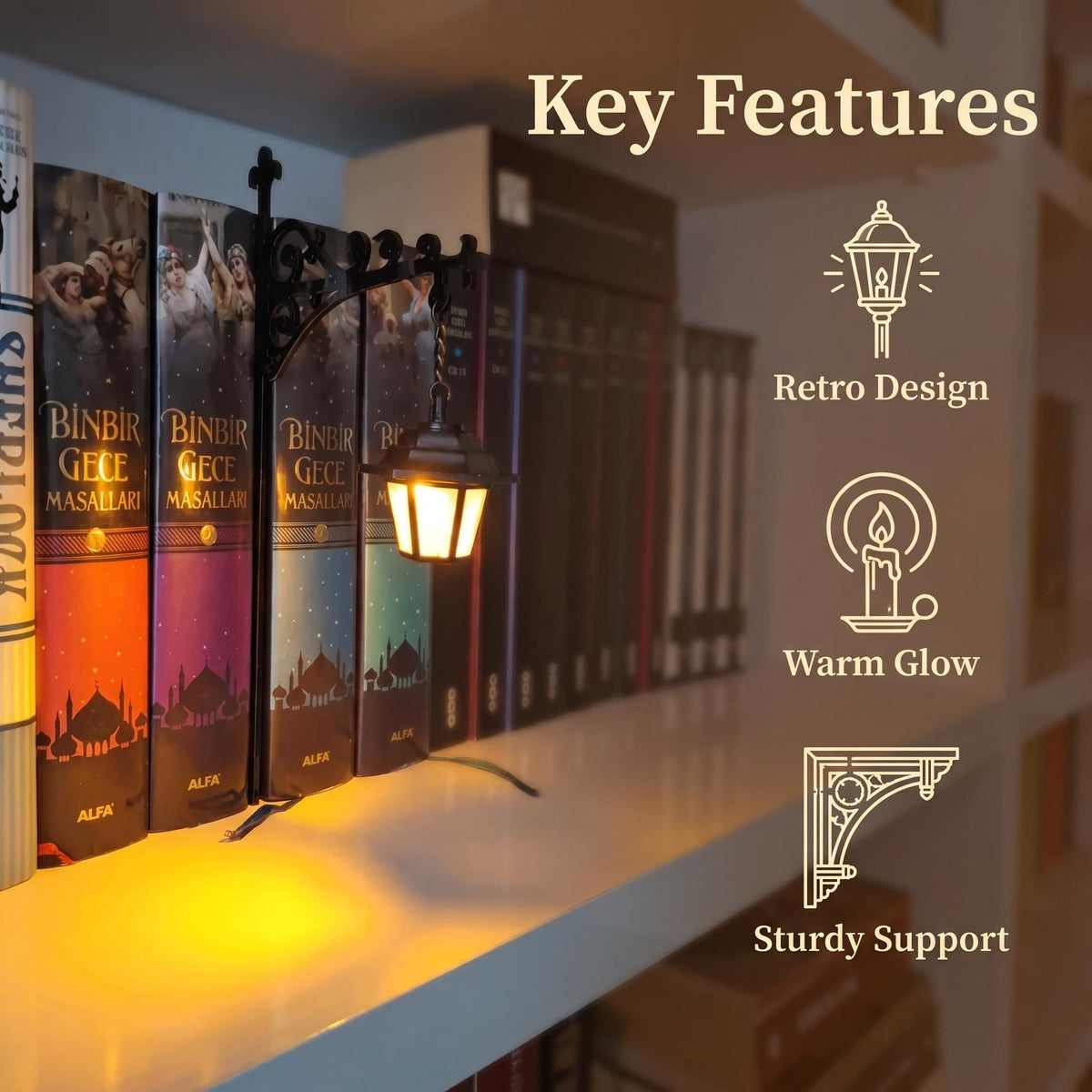 Vintage-style decorative bookshelf light