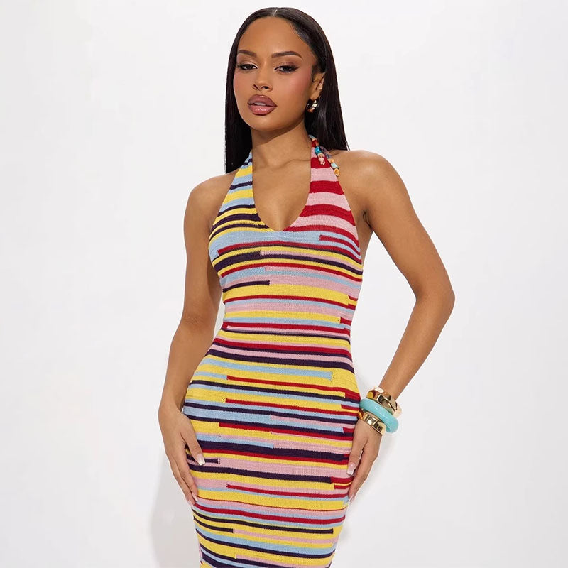 Slim-fit maxi dress with colorful stripes