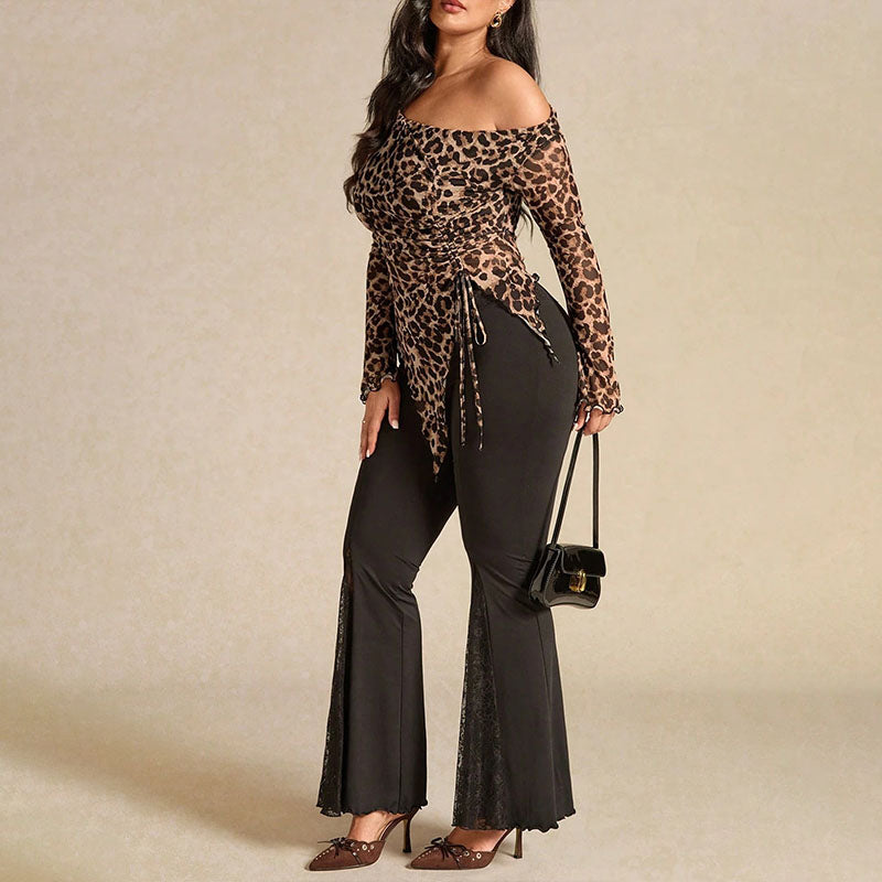 Plus-size leopard print one-shoulder drawstring top