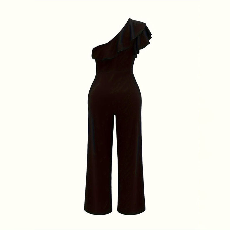 One-shoulder ruffled high-waisted wide-leg jumpsuit