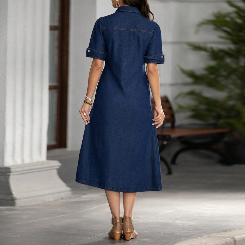 Collared short-sleeved fitted denim dress