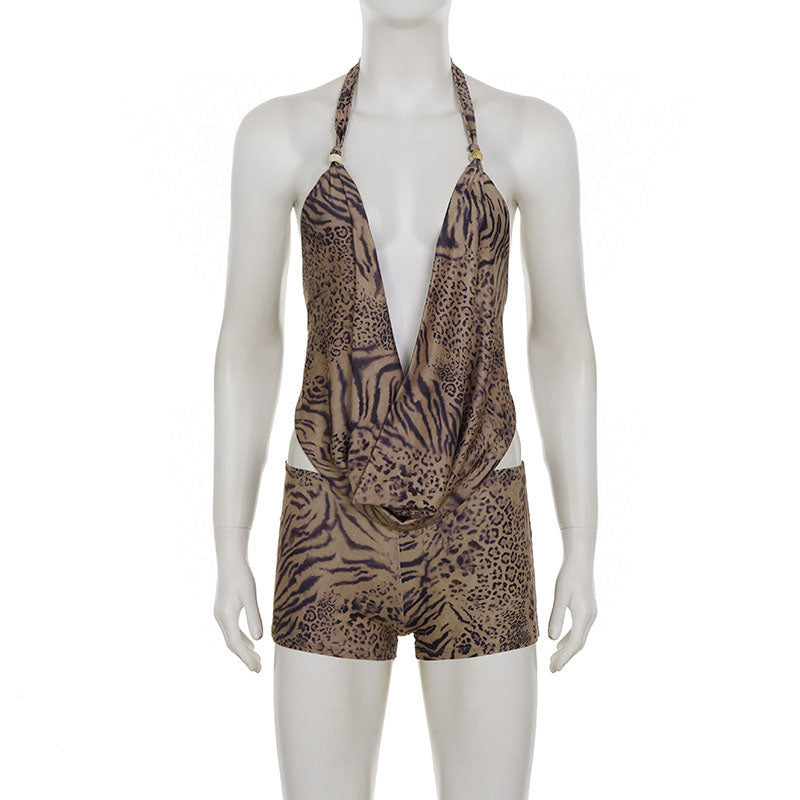 Deep V-neck leopard print halter top and shorts set