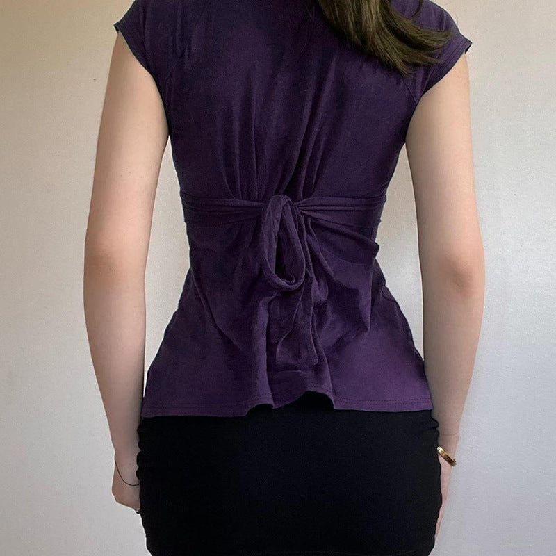 V-neck tie-front cap-sleeve top