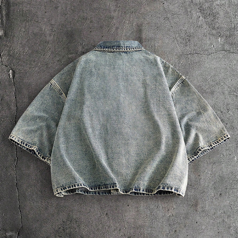 Men's Chinese-Style Frog Button Washed Denim Short-Sleeve Shirt