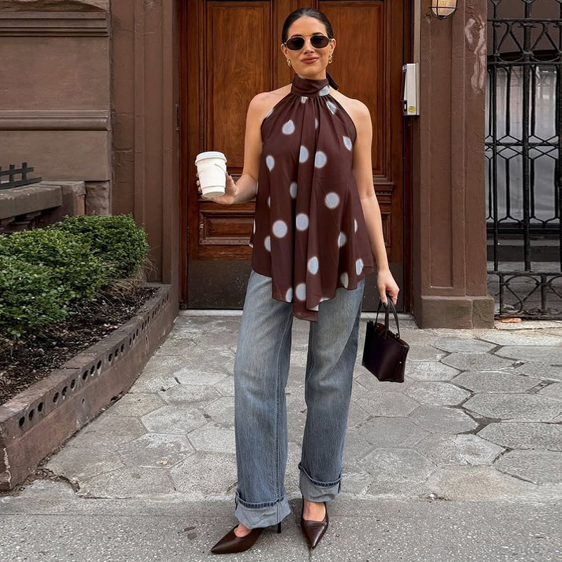 Polka-dot mesh backless sleeveless top