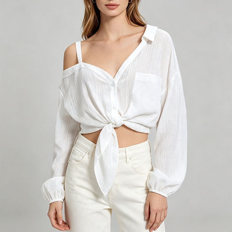 Asymmetric one-shoulder camisole-style collared shirt