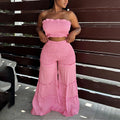 Ruched strapless top and tiered ruffle wide-leg pants set