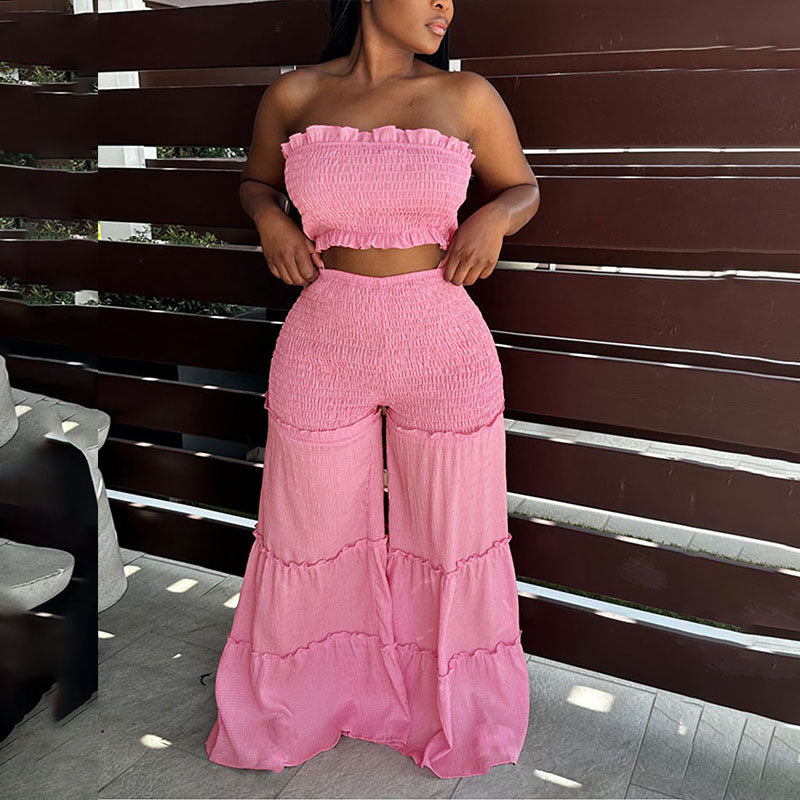 Ruched strapless top and tiered ruffle wide-leg pants set