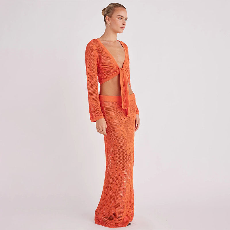 Floral Cut-Out Long-Sleeve Tie-Front Top and Maxi Skirt Set