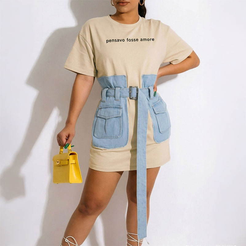 Letter print patchwork denim fitted T-shirt dress