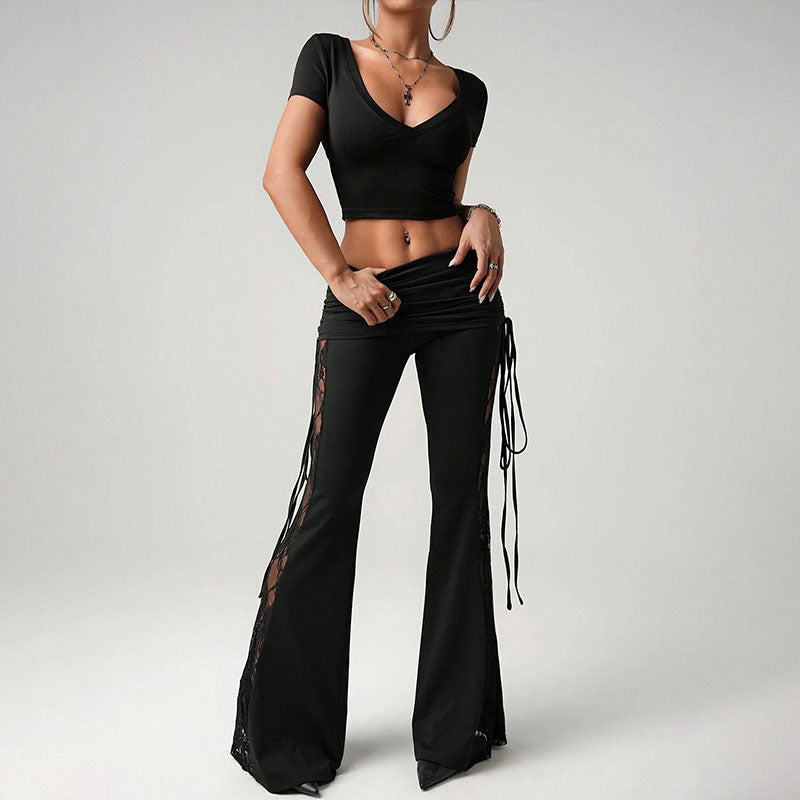 High-waisted lace-panel kick-flare trousers