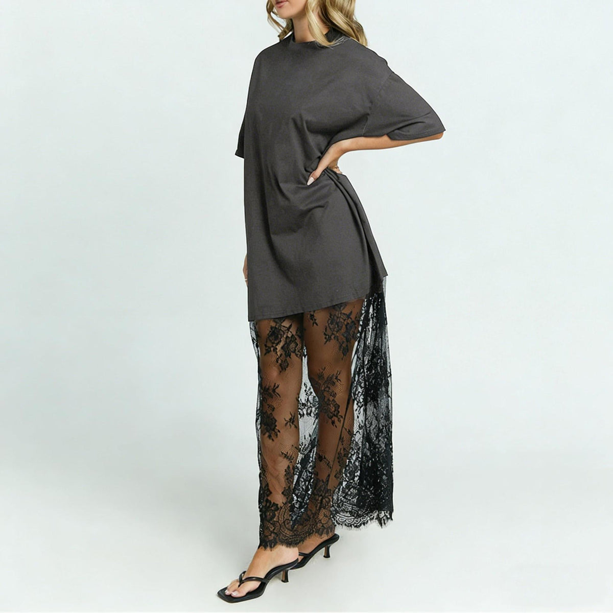 Loose-fitting T-shirt style maxi dress with lace paneling