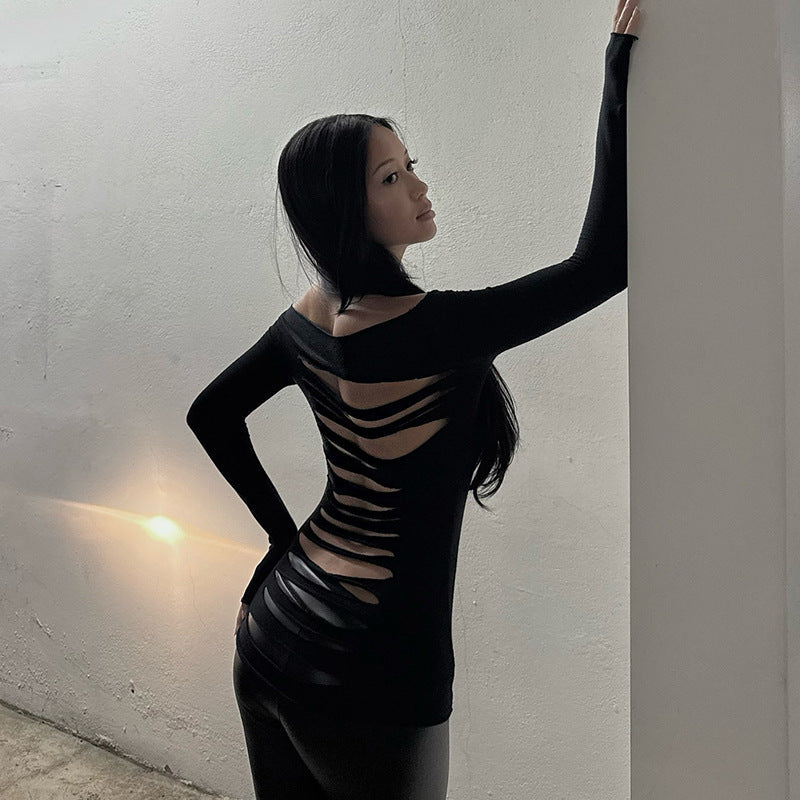 Hollow-out backless fitted long-sleeved top