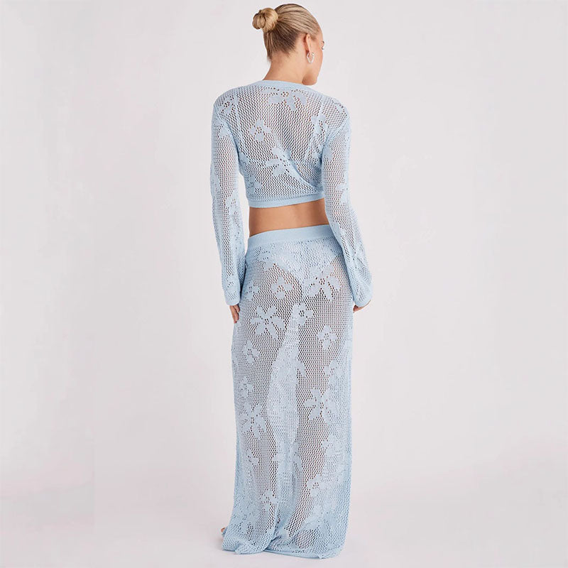 Floral Cut-Out Long-Sleeve Tie-Front Top and Maxi Skirt Set