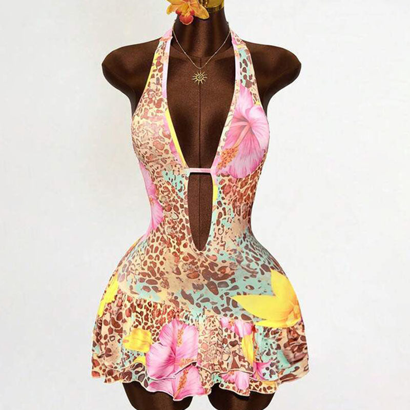 Vacation-style deep V-neck tiered dress