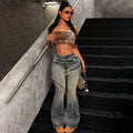 Raw-hem patchwork high-waisted kick-flare jeans