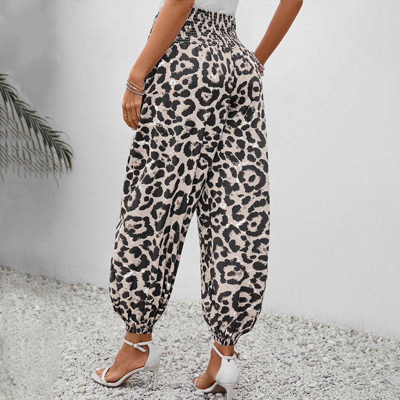 Casual leopard print elastic waist harem pants