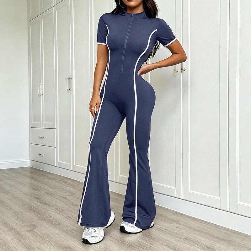 Striped Half-Zip Athletic Jumpsuit
