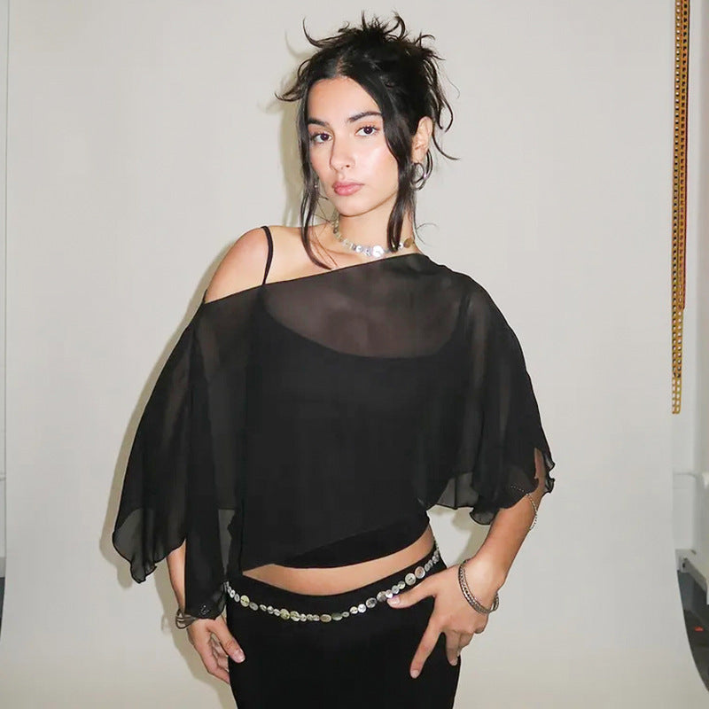 Layered shawl cover-up and short tank top two-piece set