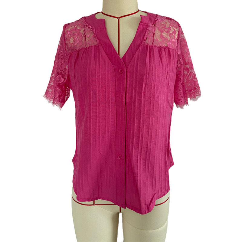 Short-sleeve V-neck shirt with lace splicing