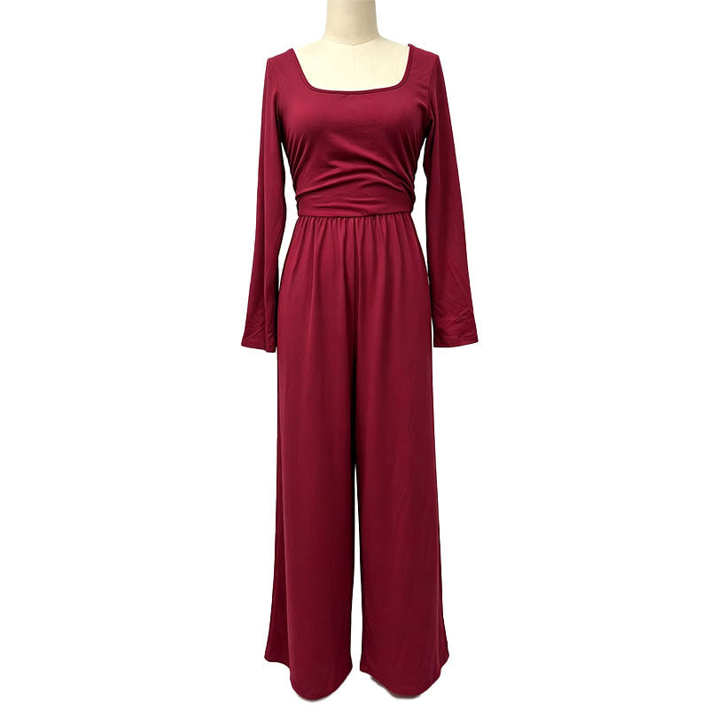 Square neck long sleeves fitted waist wide-leg jumpsuit