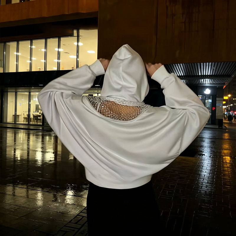 Open-back cutout mesh casual hoodie