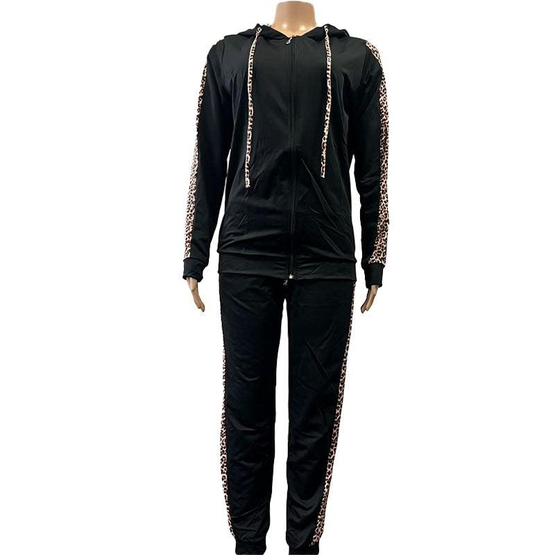 Leopard-print casual zip-up hoodie and pants tracksuit