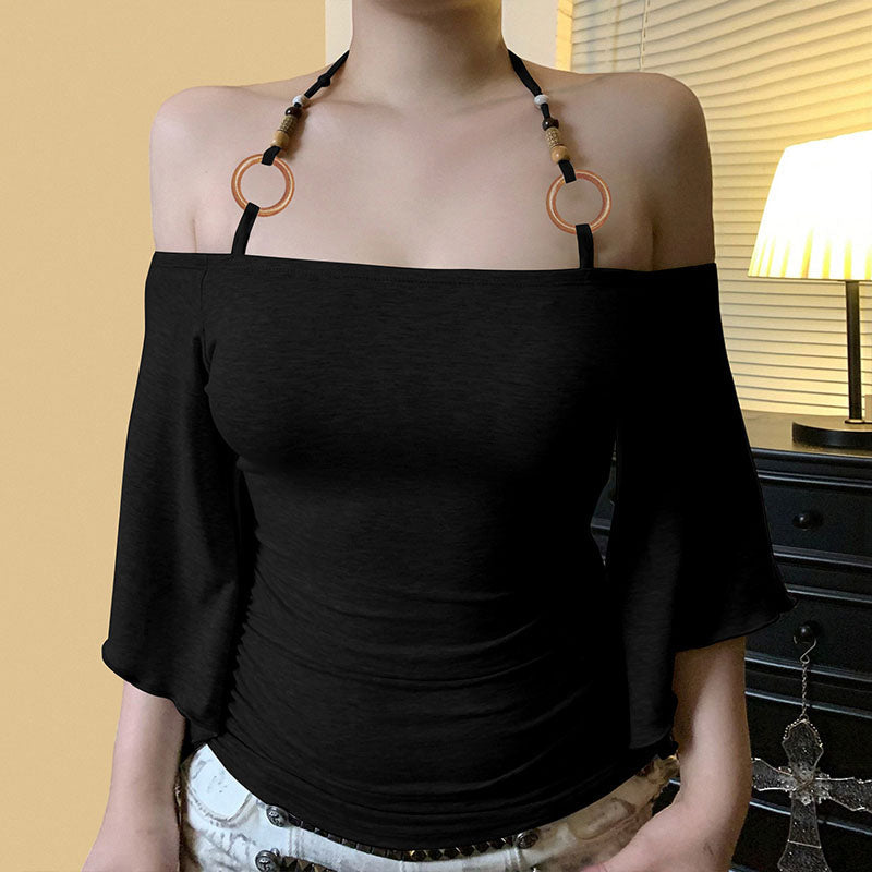 Off-shoulder fitted bell sleeve top